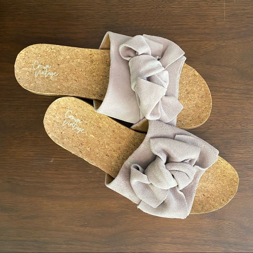 Dressy slip on sandals with bow and cork footbed